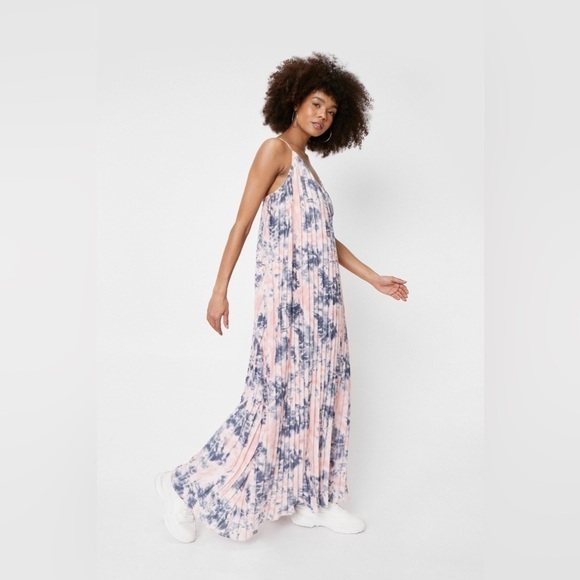 Nasty Gal Pink Blue Tie Dye Print Pleated Sleeveless Strappy Maxi Dress 4 - Picture 3 of 12
